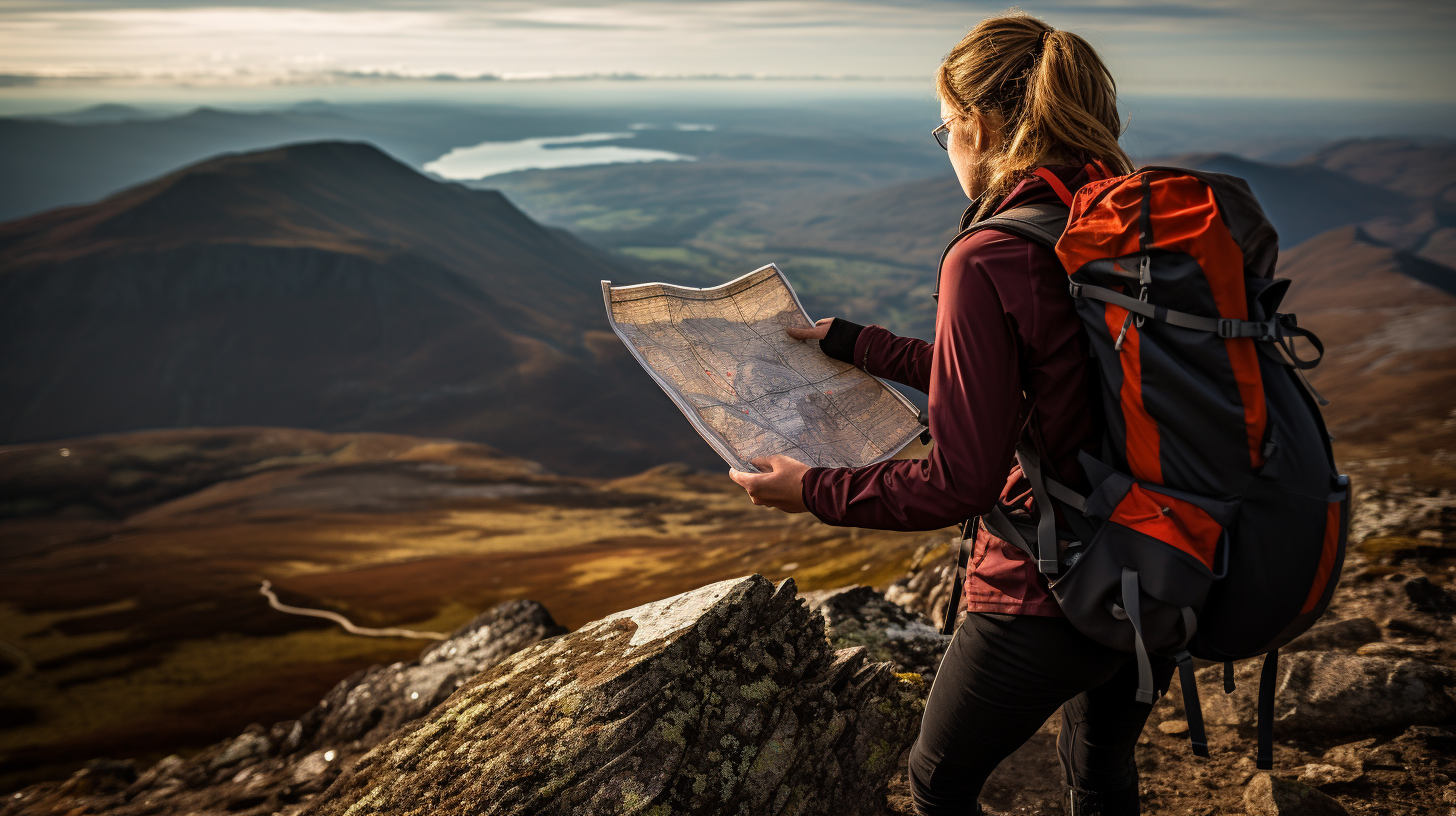 female hiker looking at a map in the mountains